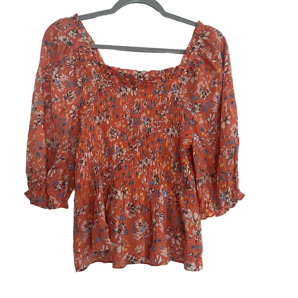 Nanette Lepore Blouse Women S Orange NEW Floral Smocked Puff Sleeve Boho Summer